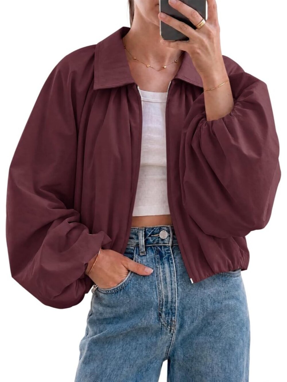 Womens Wine Drop-shoulder Balloon Sleeve Lapel Collar Cropped Bomber Jacket